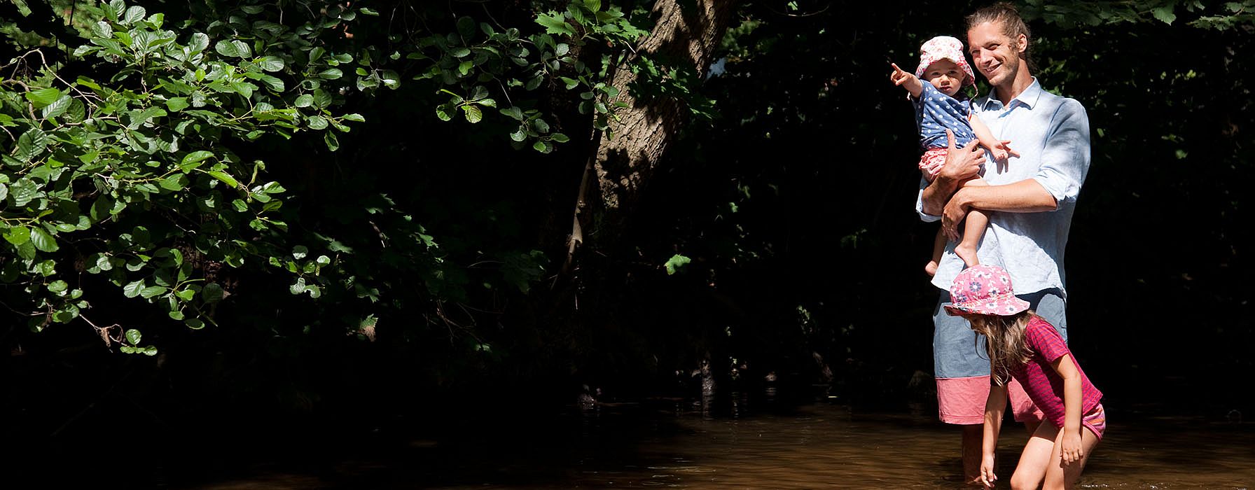 Father with 2 children by the water