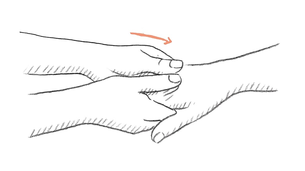 Step 4: Stroke between the tendons on the back of the hand This technique massages